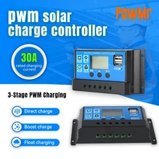30A Solar Panel Battery Charge Controller 12V/24V LCD Regulator Auto Dual USB US