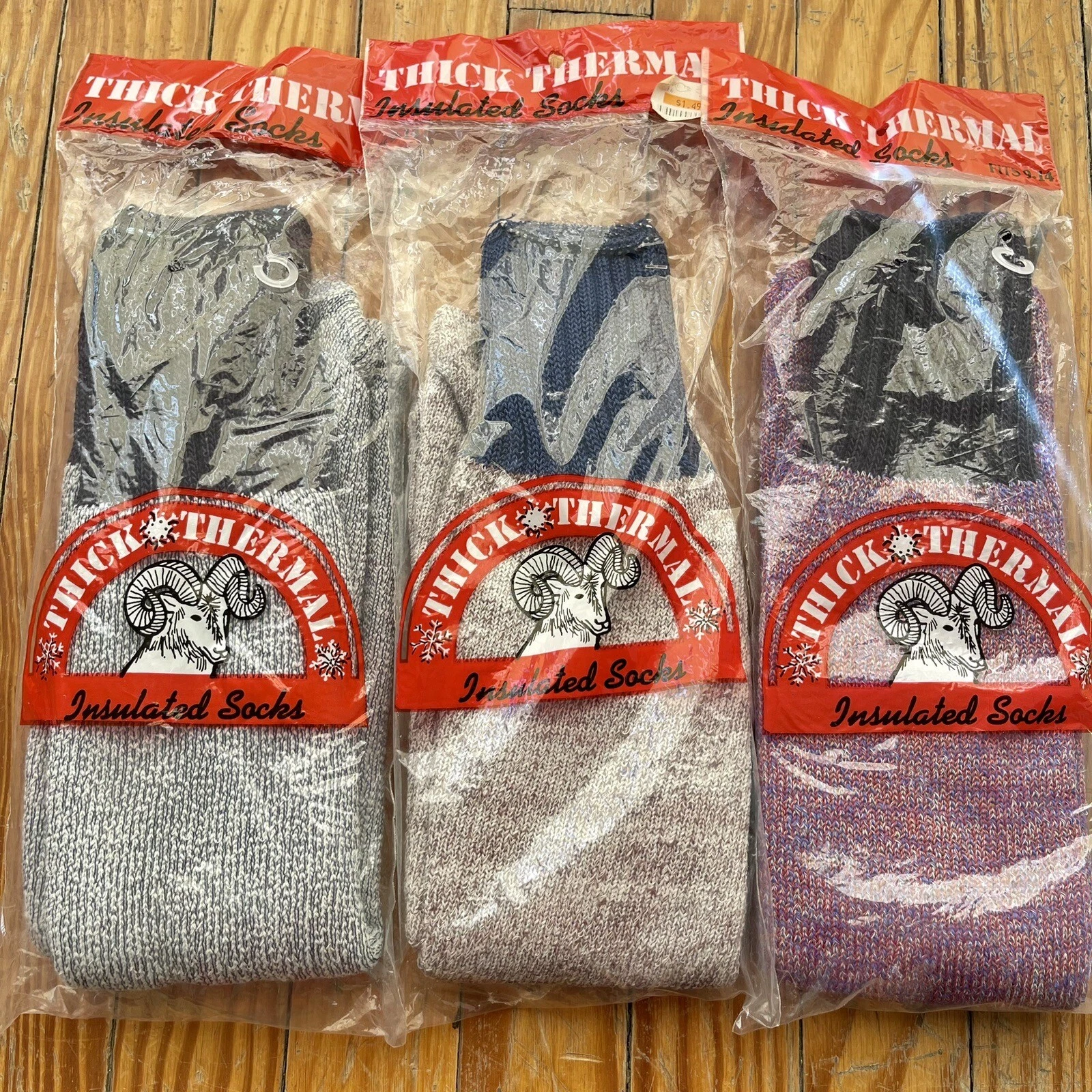 NOS Vintage THICK THERMAL Insulated Tube Socks 9-14 USA Made Multi Color 3 Pack