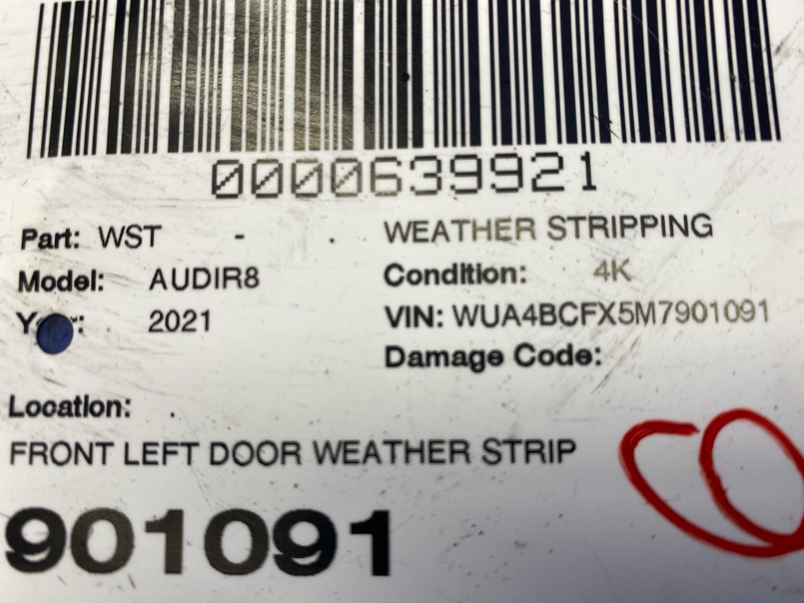 2017-2023 AUDI R8 FRONT LEFT DOOR WEATHER STRIP SEAL 4S7831707 OEM