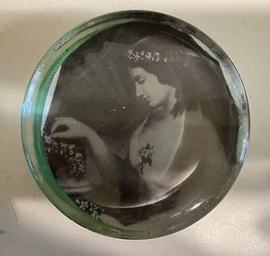 ANTIQUE VICTORIAN GLASS DOME PAPERWEIGHT WOMAN PHOTO