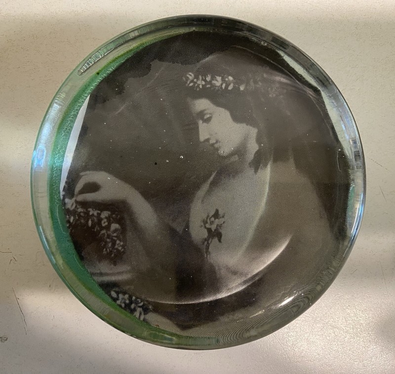 ANTIQUE VICTORIAN GLASS DOME PAPERWEIGHT WOMAN PHOTO