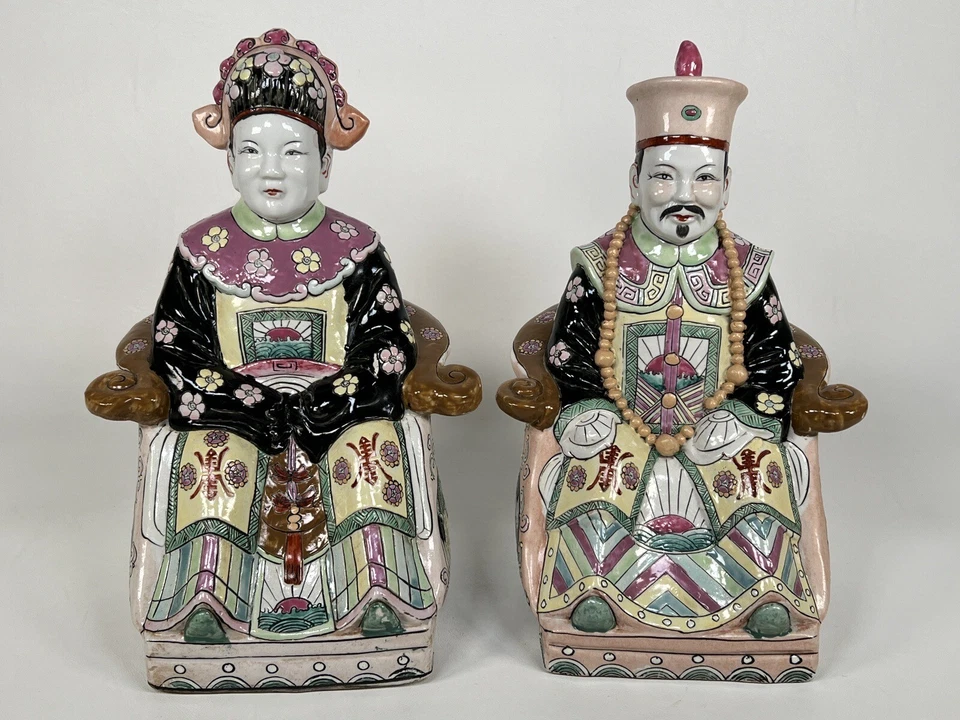 Pair Chinese Chinoiserie Seated Emperor & Empress Famille Rose Porcelain Statues - Image 3 of 4