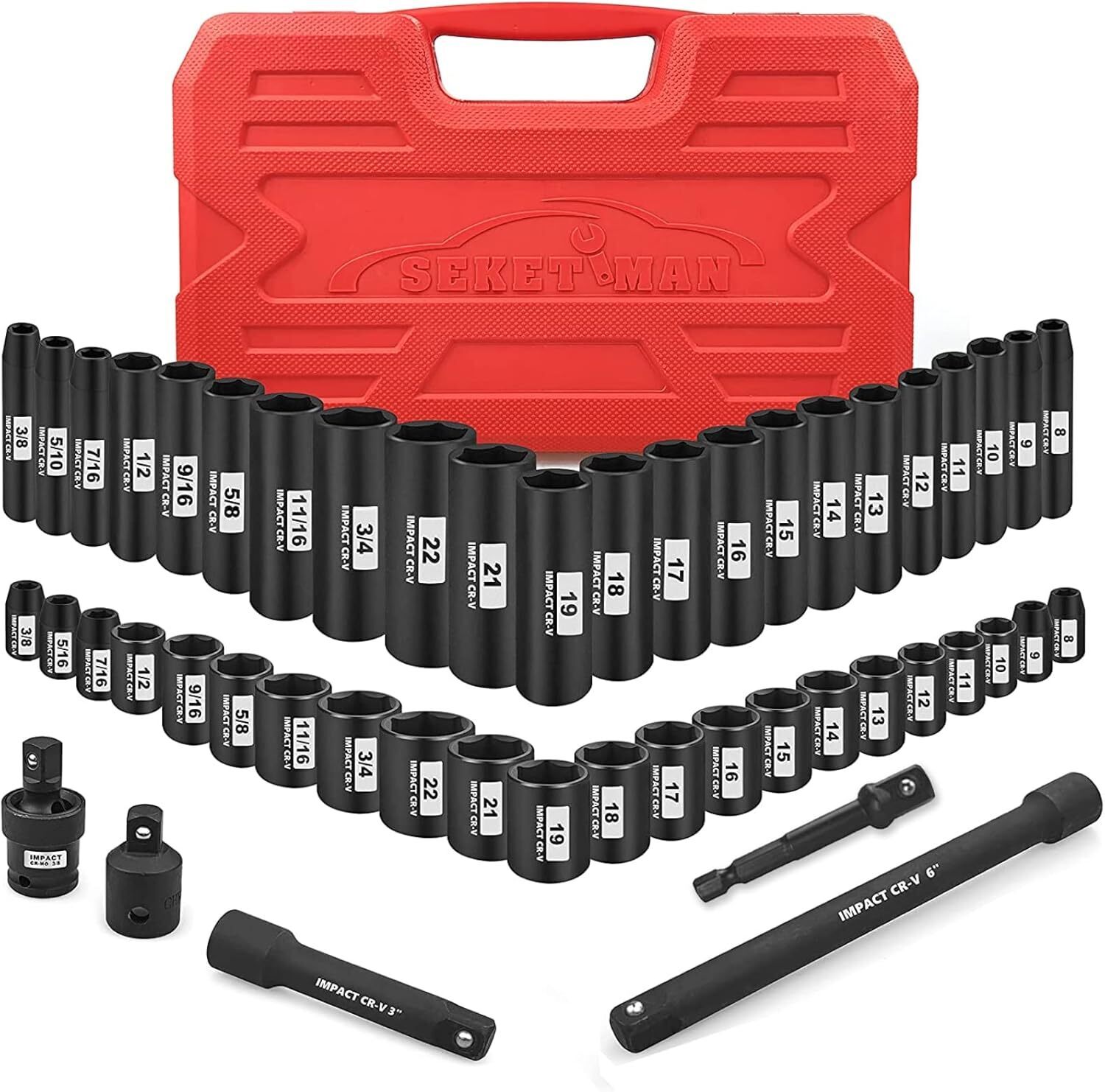 3/8-Inch Drive Impact Socket Set 49 Pieces SAE/Metric Deep/Shallow 6 Point CR-V