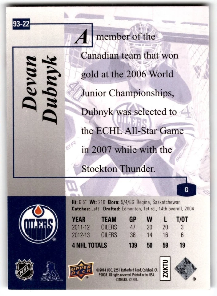 Devan Dubnyk 2013-14 SP Authentic '93-94 Retro #93-22 Edmonton Oilers - Image 2 of 2