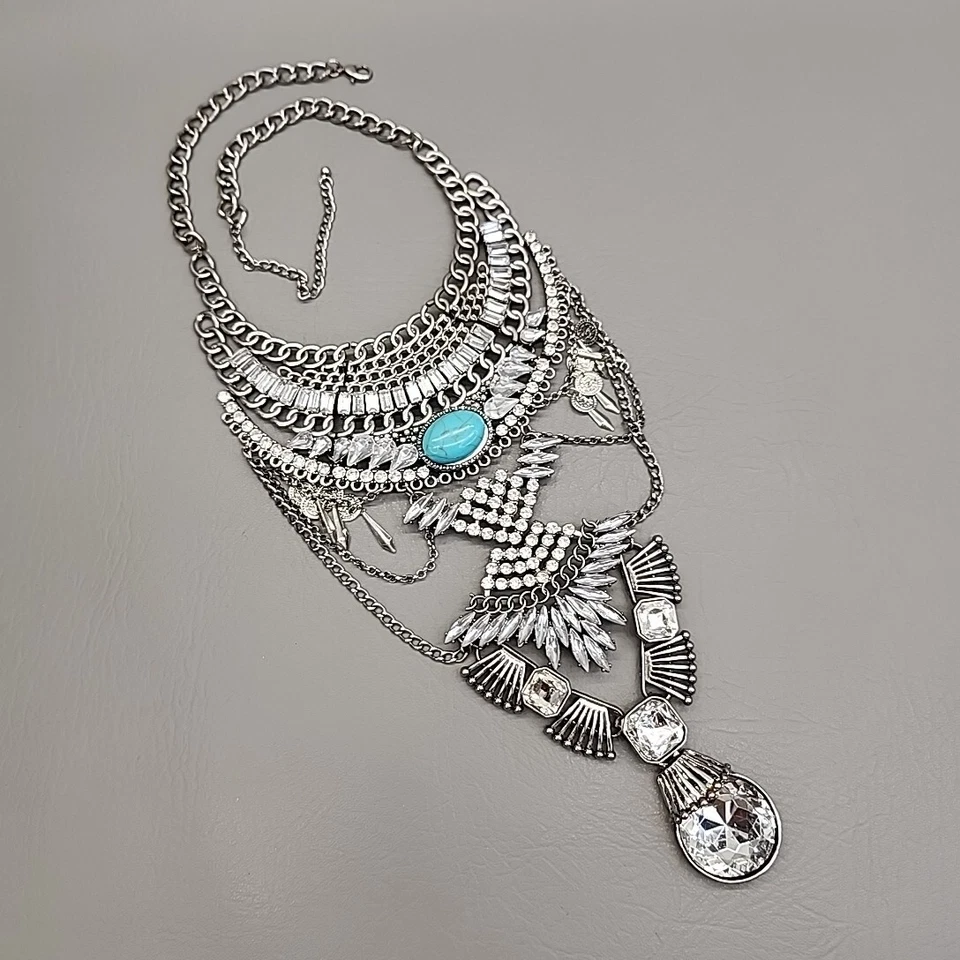 Collar llamativo étnico suroeste cortinas tono plata imitación turquesa babero 20" Foto 2 de 4