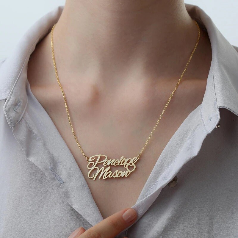 Custom Double Nameplate Heart Necklace in Stainless Steel Personalized Jewelry