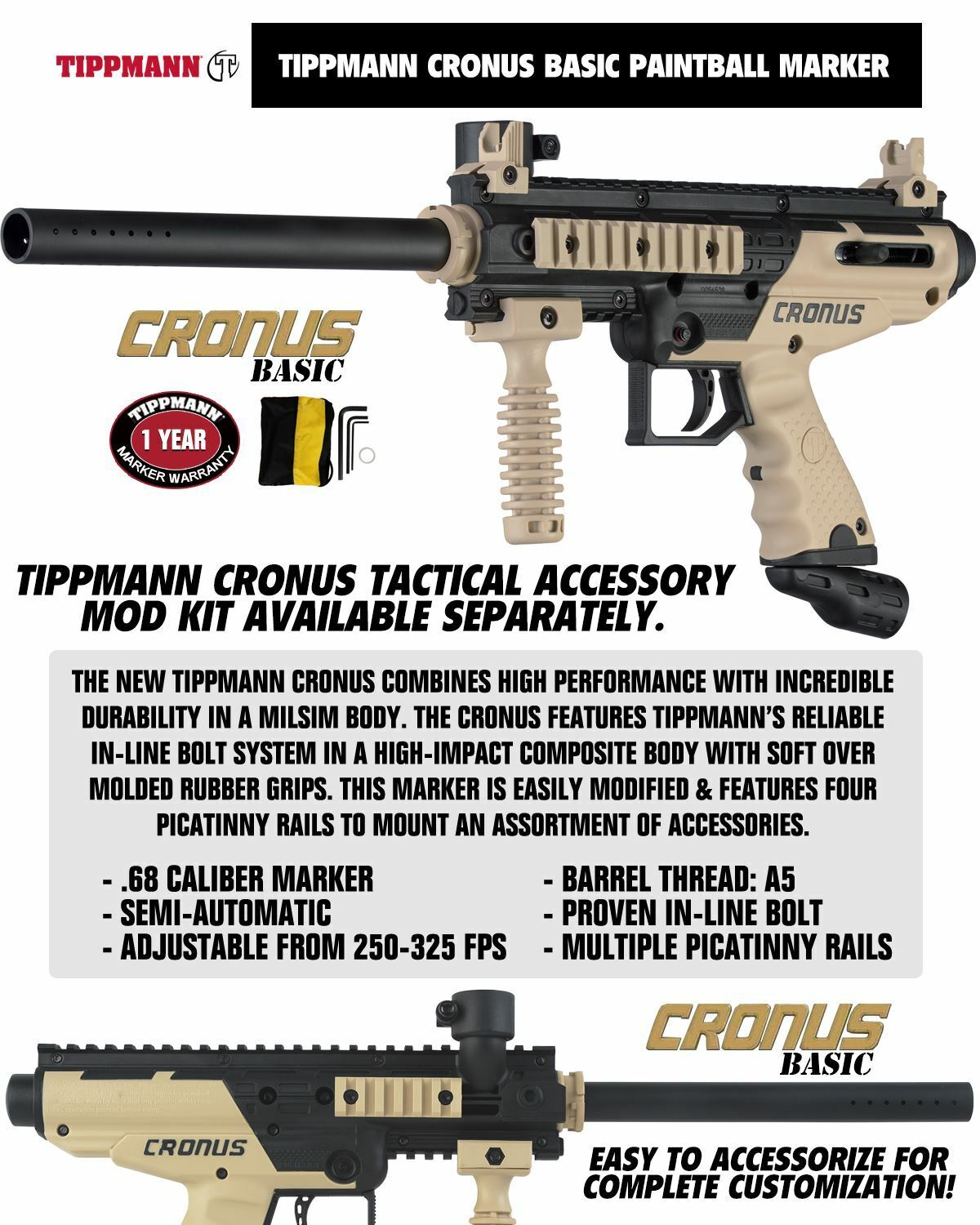  Maddog Tippmann Cronus Tactical Silver CO2 Paintball Gun Marker  Starter Package - Black/Olive : Everything Else