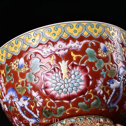 5,2" Kangxi markiert Emaille Farbe Porzellan Intarsien Kupfer Vergoldet Blumenschale Paar - Bild 5 von 9