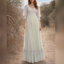 Gunne Sax Vintage 70s Light Blue Cotton Bohemian Maxi Party Prom Dress sz 3/4