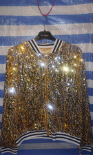 Womens Gold Sequin Bomber Jacket Zip-Up Long Sleeve Size L Regular