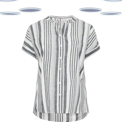 Ex Women's Plus Size Stripe Print Button Through Shirt in Grey/White