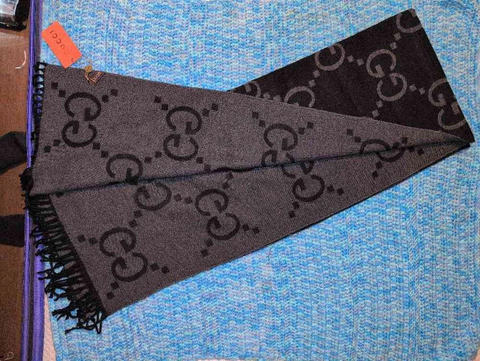 GUCCI Reversible GG Monogram Wool Silk Scarf Black Gray - Image 2 of 4