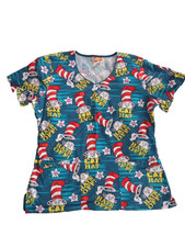 Dr Seuss Short Sleeve Cat in the Hat Medium Blue Cotton Blend Scrub Top