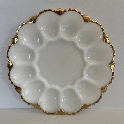 Vintage Anchor Hocking White Glass Deviled Egg Plate Gold Trim