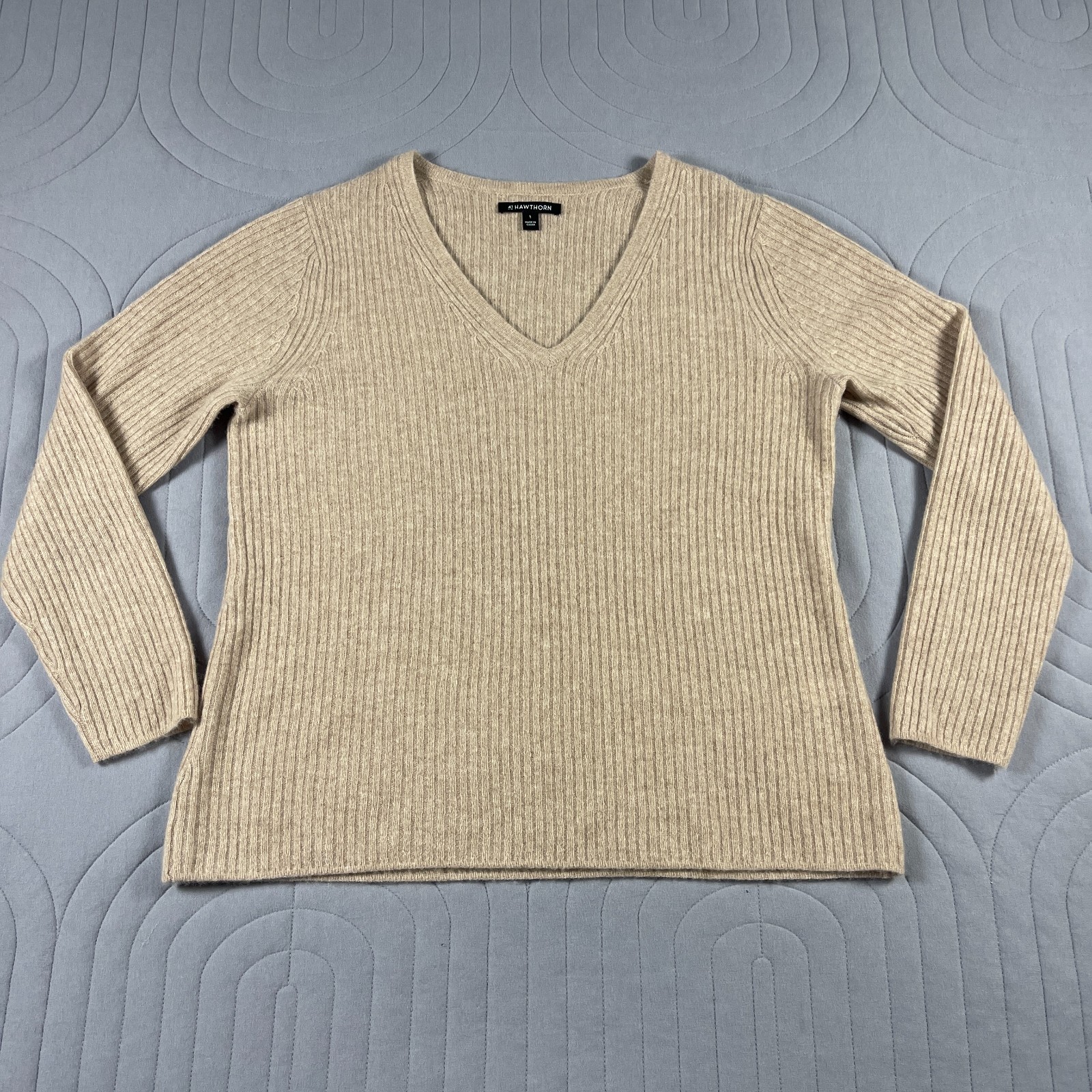 41 Hawthorn Sweater Womens Large Beige 100% Cashmere V Neck Long Sleeve Pullover
