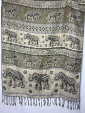 Pashmina Elephant Scarf Shawl Wrap 28x70 Boho Tapestry Fringe Beige Olive Repurp