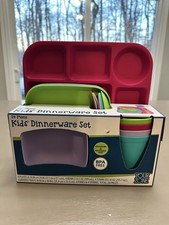 Your Zone 24-Piece Plastic Kids Dinnerware Set with 4 Trays, Bowls, Plates, Cups