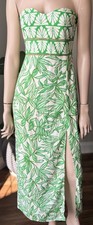 ZARA Green Tropical Leaf Print Strapless Midi Dress Small Smocked Back Slit Boho
