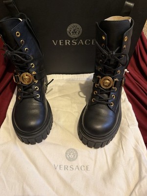 Versace Biker Mid-Calf Boots Black Buckle Women's Size 38/7 Authentic Medusa