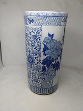 Vintage Chinese Porcelain Umbrella Stand Blue and White Chinoiserie 45cm 