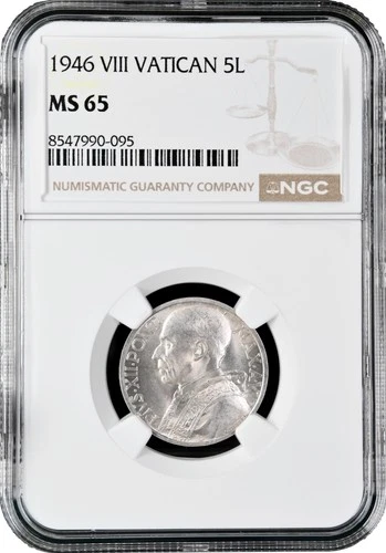 Vatican City 5 lire 1946, NGC MS65, "Pope Pius XII (1939 - 1958)" silver coin