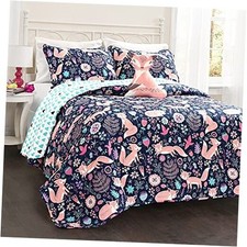 Pixie Fox Reversible Quilt Set, 3 Piece Set, Twin, Navy Pink - Twin Bedding