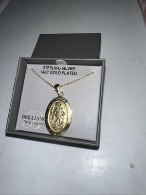 14KT  Gold plated sterling silver St.Christopher Oval Pendant Charm necklace