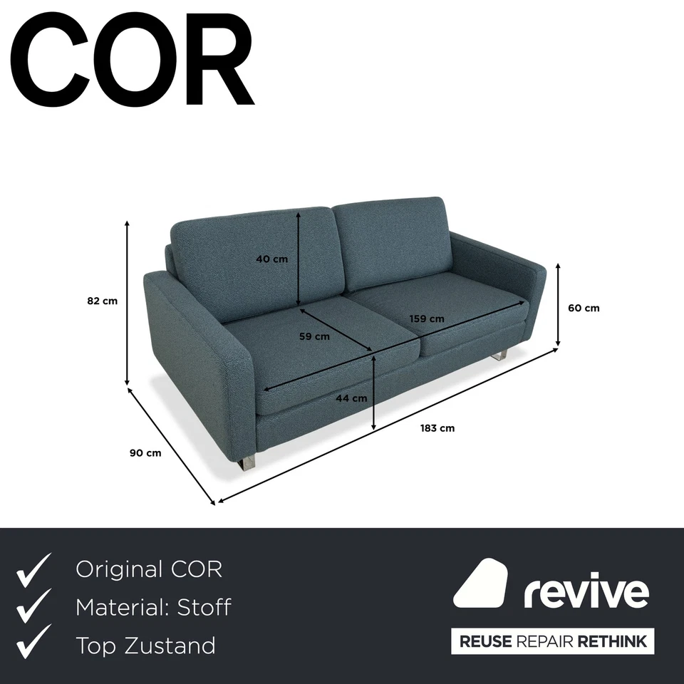 COR Conseta Stoff Dreisitzer Blau Grün Türkis Grau Sofa Couch Neubezug - Bild 2 von 4