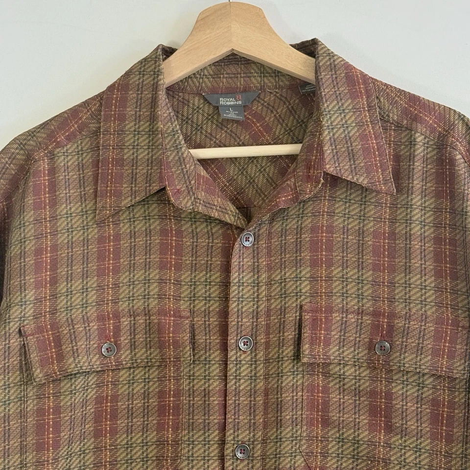 Royal Robbins 男式大号金色栗色格子长袖编织户外衬衫上衣 — 第 2/4 张图片
