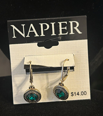 Napier Signed Silver Tone Green Round Dangle Leverback Earrings