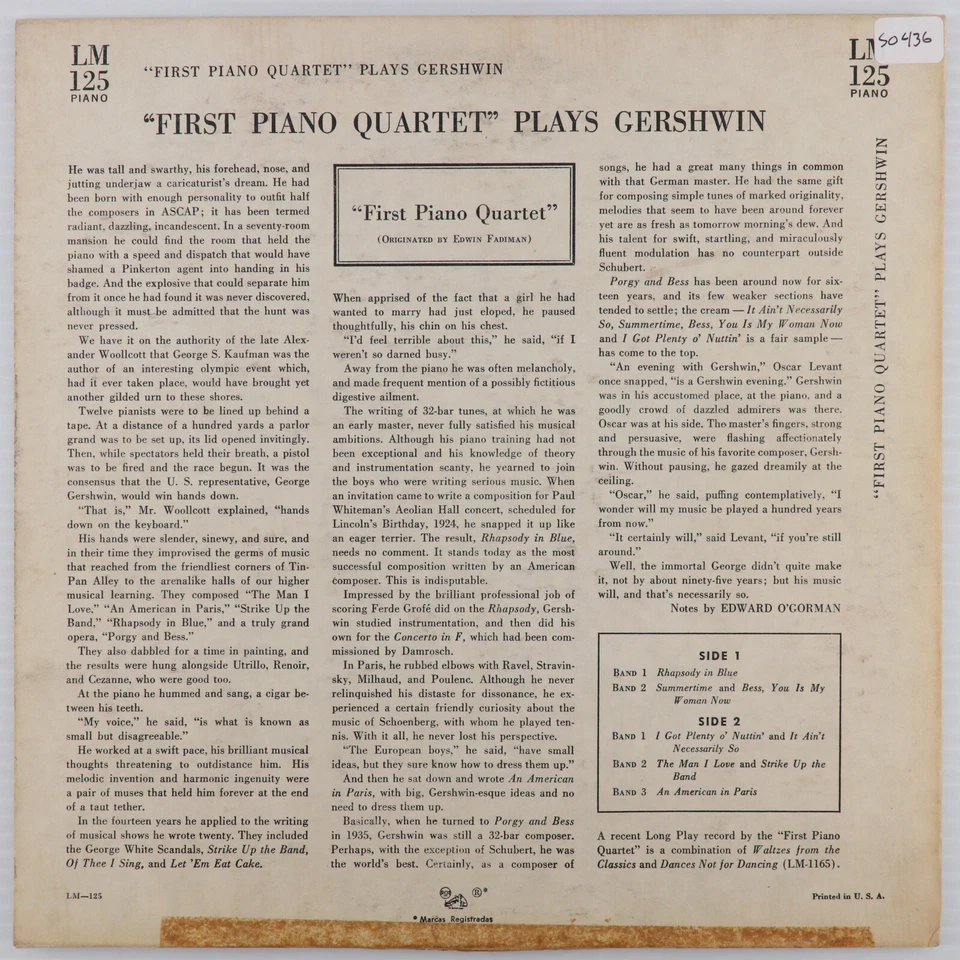 The First Piano Quartet – Plays Gershwin - 10" LP Record RCA Red Seal LM 125 - Image 2 of 4