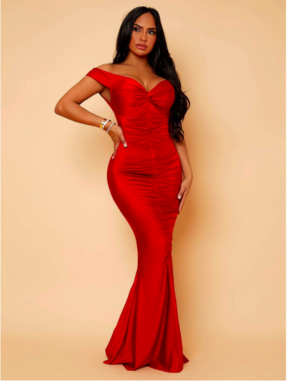 red bardot prom dress Red SXY Twist Front Mermaid Hem Bardot Prom Dress Sz XS S M L XL