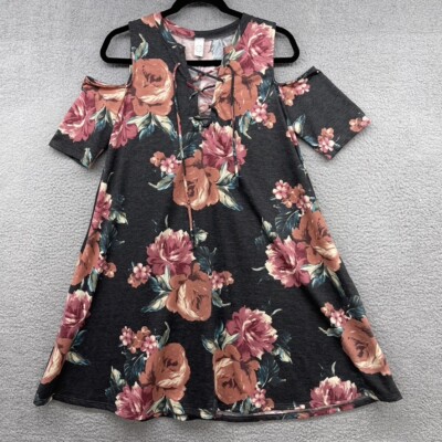 CY Fashion Women Mini Dress Gray Floral Cold Shoulder Short Sleeve V-Neck Size M