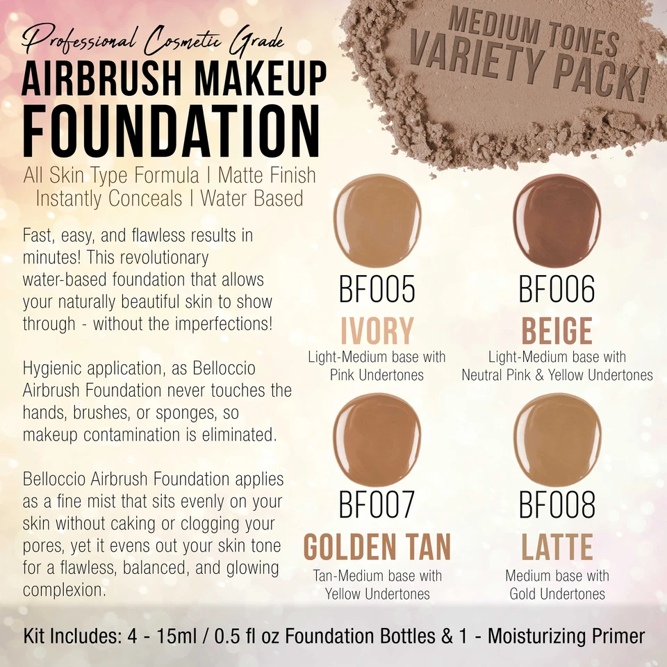 Belloccio MEDIUM Airbrush Makeup FOUNDATION SET Mid Tone Shade Face Cosmetic Kit - Image 2 of 4