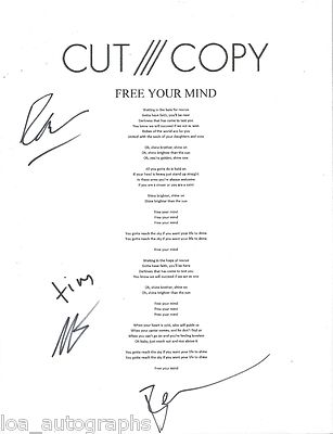 Cut Copy band REAL hand SIGNED 8.5x11'' Lyric Sheet #2 w/ COA Free Your Mind
