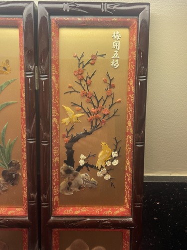 18"X24" ASIAN TABLETOP 4-PANEL SCREEN CARVED JADE STONE SIDE & PAINTED SIDE - Picture 5 of 10