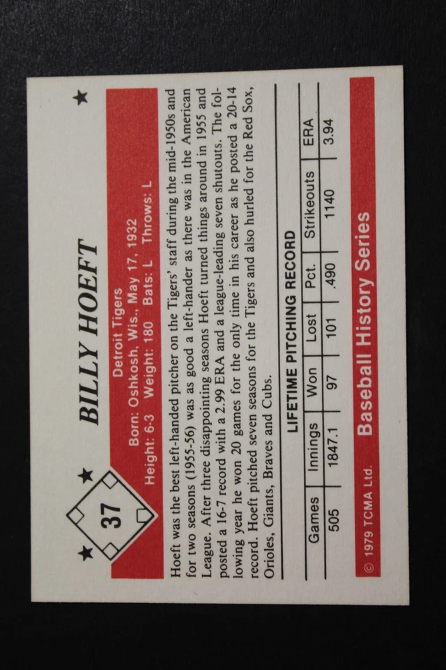 Billy Hoeft (d.2010) DETROIT TIGERS Autographed Signed 1979 TCMA Card #37 - Image 2 of 3