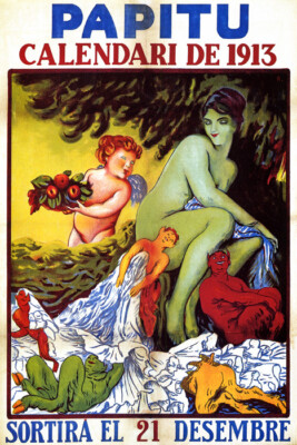 1913 PAPITU CALENDARI EVIL ANGEL WITH APPLES LITTLE DEMONS VINTAGE POSTER REPRO