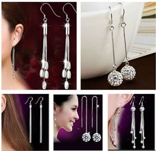 Women Sterling Silver Earrings Long Drop Dangle Tassel Threader Hook Jewellery