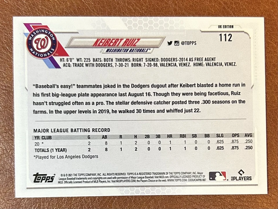 2021 Topps UK Edition #112 Keibert Ruiz Washington Nationals Rookie - Image 2 of 2