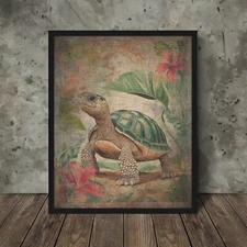 Retro TURTLE FLOWER Wall Art, Tortoise Botanical Poster, Floral Reptile Decor