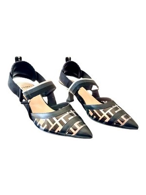 FENDI Colibri FF Black PVC Logo Pointed Toe Slingback Kitten Heel Pump EU 37 US7