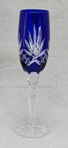 AJKA CAROLINE CHAMPAGNE FLUTE CUT TO CLEAR CRYSTAL BOHEMIAN HUNGARY COBALT BLUE