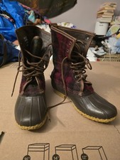 LL Bean Boots Seasonal Red/Green Wool Plaid EUC Sz 7M Womens Duck Boots USA MADE