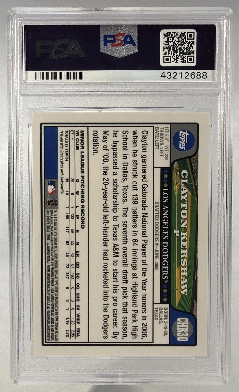 2008 Topps Updates & Highlights Chrome Clayton Kershaw PSA 9 #CHR30 Dodgers RC view 2