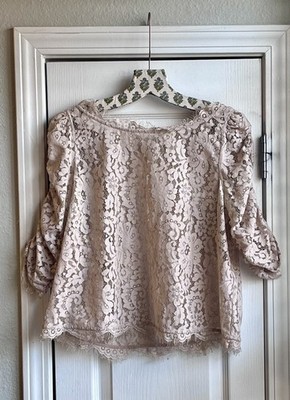 JOIE Fanny Lace Overlay Cropped Blouse Keyhole Back Cream Blush Beige Size M