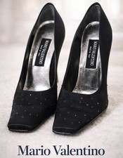 Mario Valentino Black Satin Heels Pumps Rhinestone Square Toe Made in Italy 39.5
