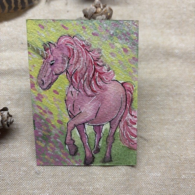 ACEO Original By AmberInWatercolor Cute Whimsical Sparkling Unicorn Glitter