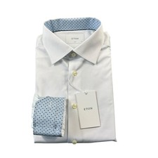 ETON Slim White Blue Geometric Current L/S Men s Flip Cuff 16.5/42 NWT