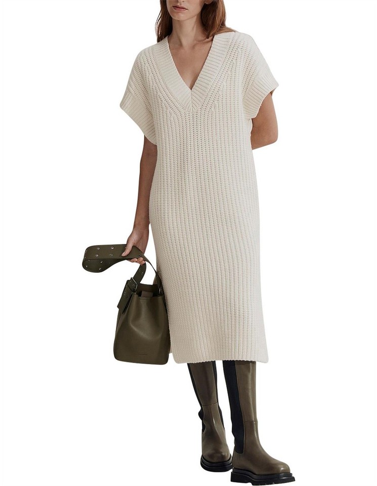 COUNTRY ROAD Dress Rib Knit Detail Midi - Size XS / 8 - 10 - Cream Wool Tunic